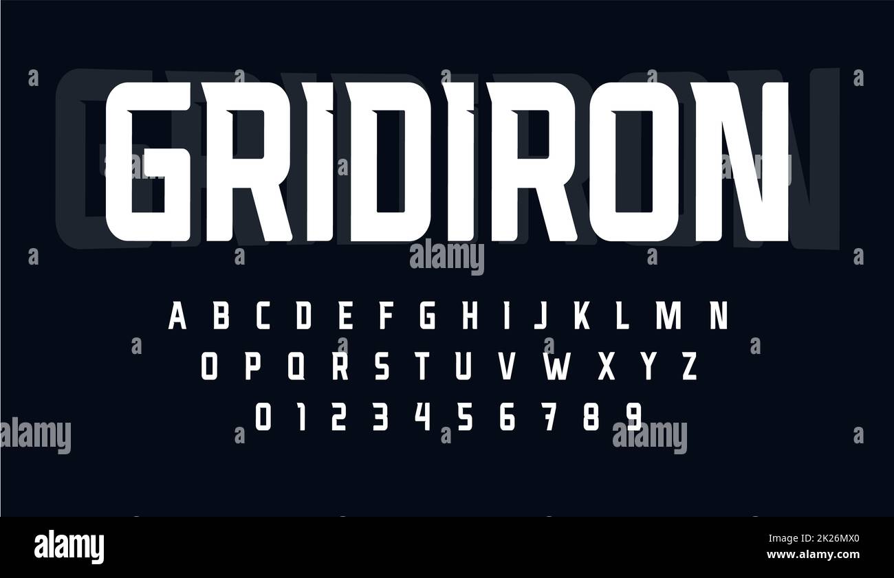 Alphabet sport condensé. Police monumentale haute pour le logo moderne du football américain. Jeu de caractères pour la marque de rugby gridiron, titre de sport, monogramme. Lettres de style minimales, motif typographique vectoriel Banque D'Images