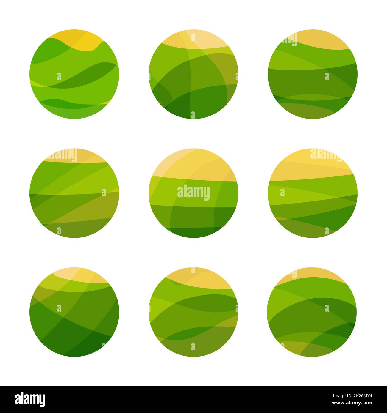 Champ vert de nourriture végétalienne avec soleil jaune. Restaurant végétarien, logo du café. Ensemble de logos décoratifs abstraits isolés, modèle d'élément de design sur fond blanc Banque D'Images