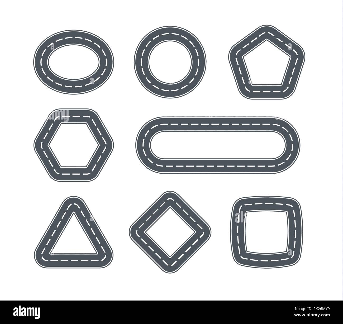 Icônes de route pour les voitures sous forme d'élément de carte de formes géométriques. Ensemble de lignes fermées de pistes de voiture. Illustration vectorielle isolée. Éléments graphiques de la vue de dessus pour le design du jouet. Banque D'Images