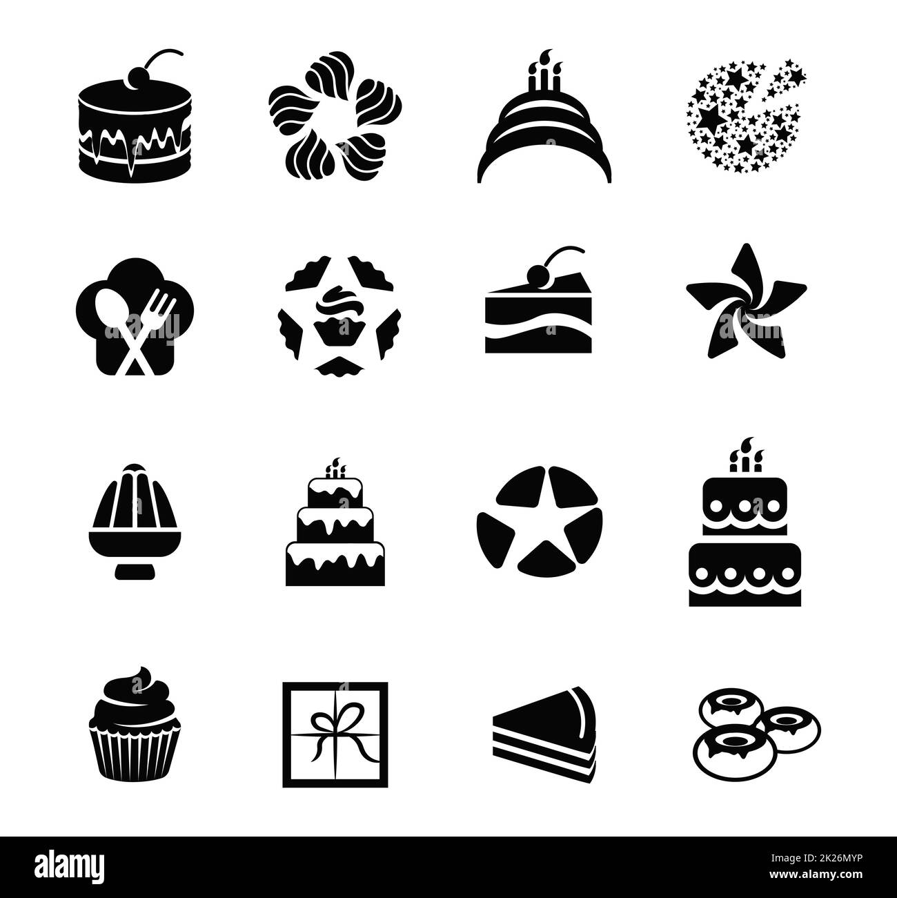 Icônes de couleur noire isolées, gâteaux, cupcakes, beignets, tartes logos ensemble sur fond blanc illustration vectorielle. Banque D'Images