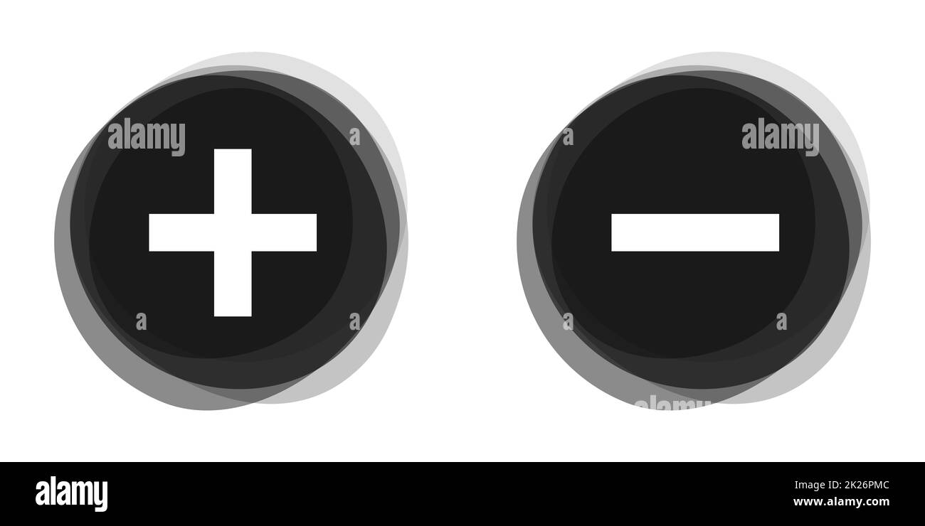 Boutons gris noir indiquant plus et moins Banque D'Images