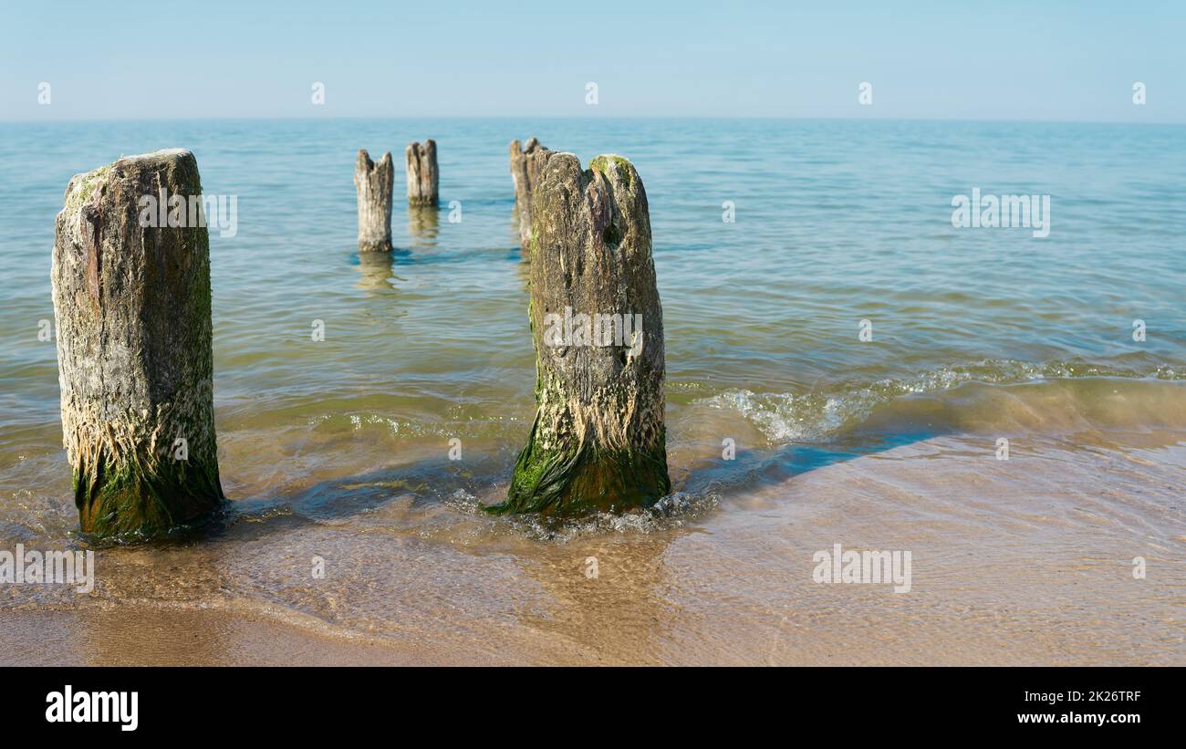 Brise-lames sur la plage de Kolobrzeg sur la côte Baltique polonaise Banque D'Images