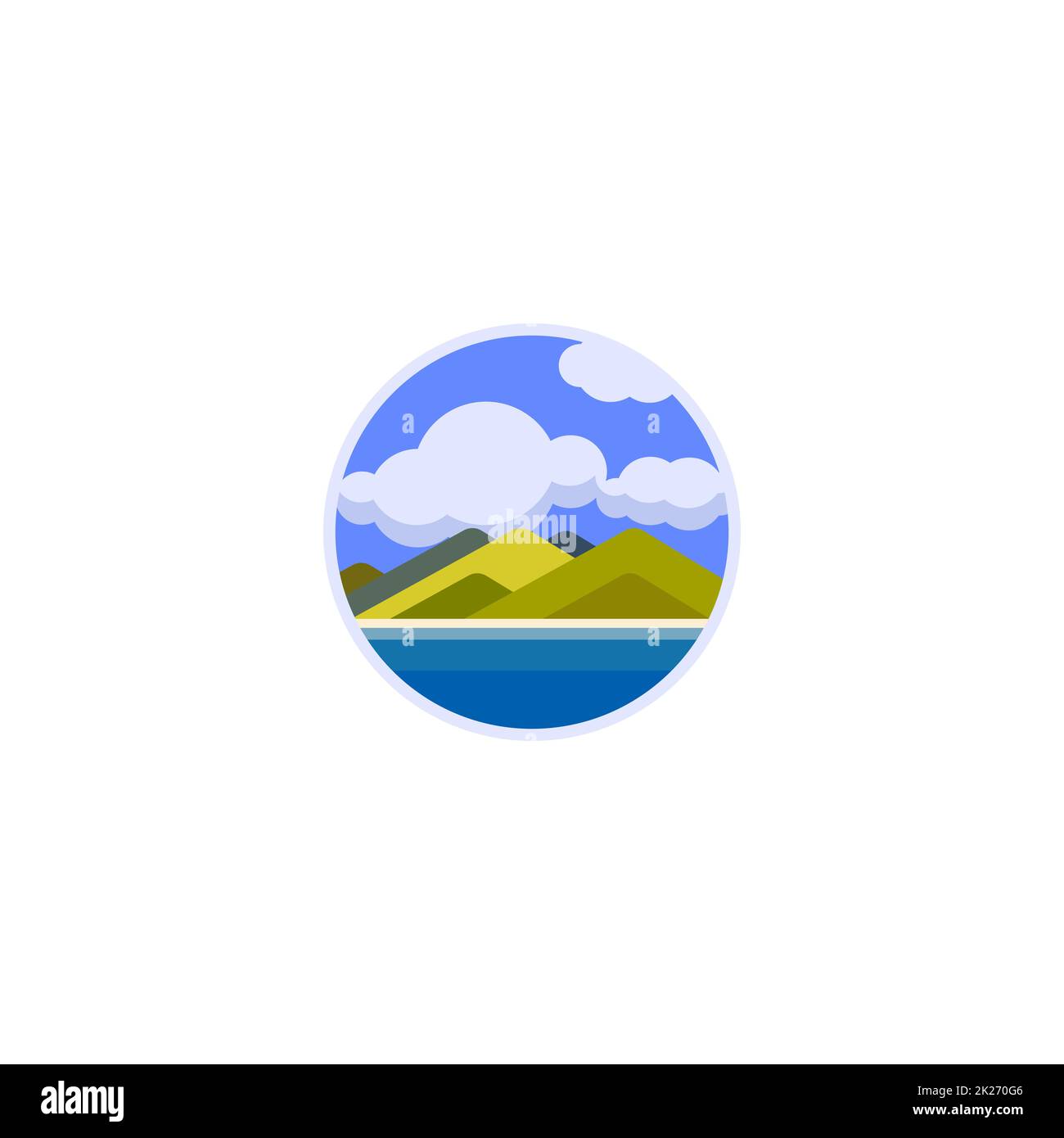 Concept de logo rond paysage nature.Hautes collines vertes sur le rivage de la rivière sur ciel bleu avec fond de nuages.Illustration du vecteur plat d'isolation Banque D'Images
