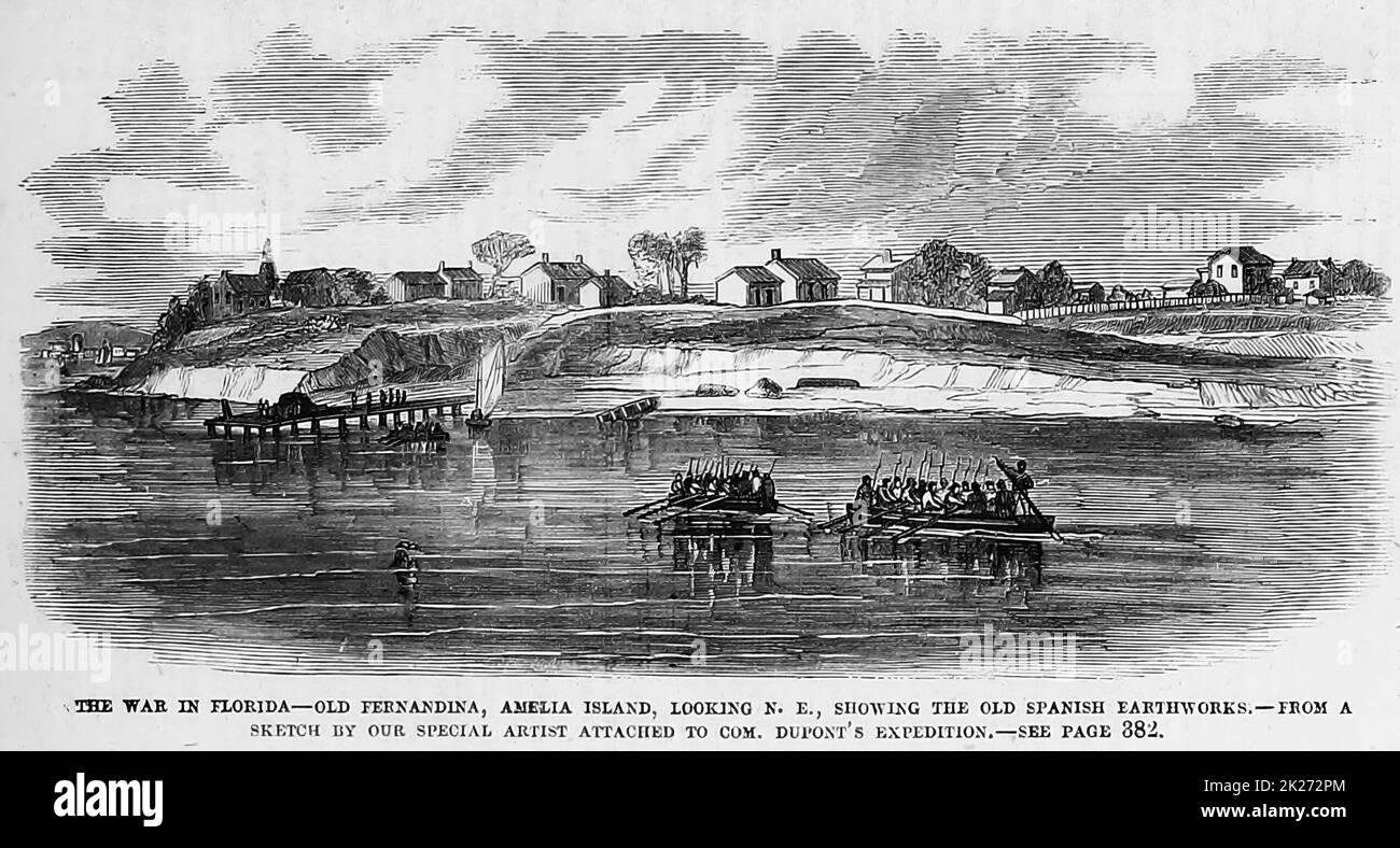 La guerre en Floride - Old Fernandina, Amelia Island, en regardant vers le nord-est, montrant les anciennes pièces de terre espagnoles. Avril 1862. Illustration de la guerre de Sécession américaine du 19th siècle tirée du journal illustré de Frank Leslie Banque D'Images