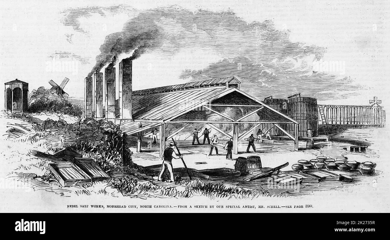 Rebel Salt Works, Morehead City, Caroline du Nord. Avril 1862. Illustration de la guerre de Sécession américaine du 19th siècle tirée du journal illustré de Frank Leslie Banque D'Images