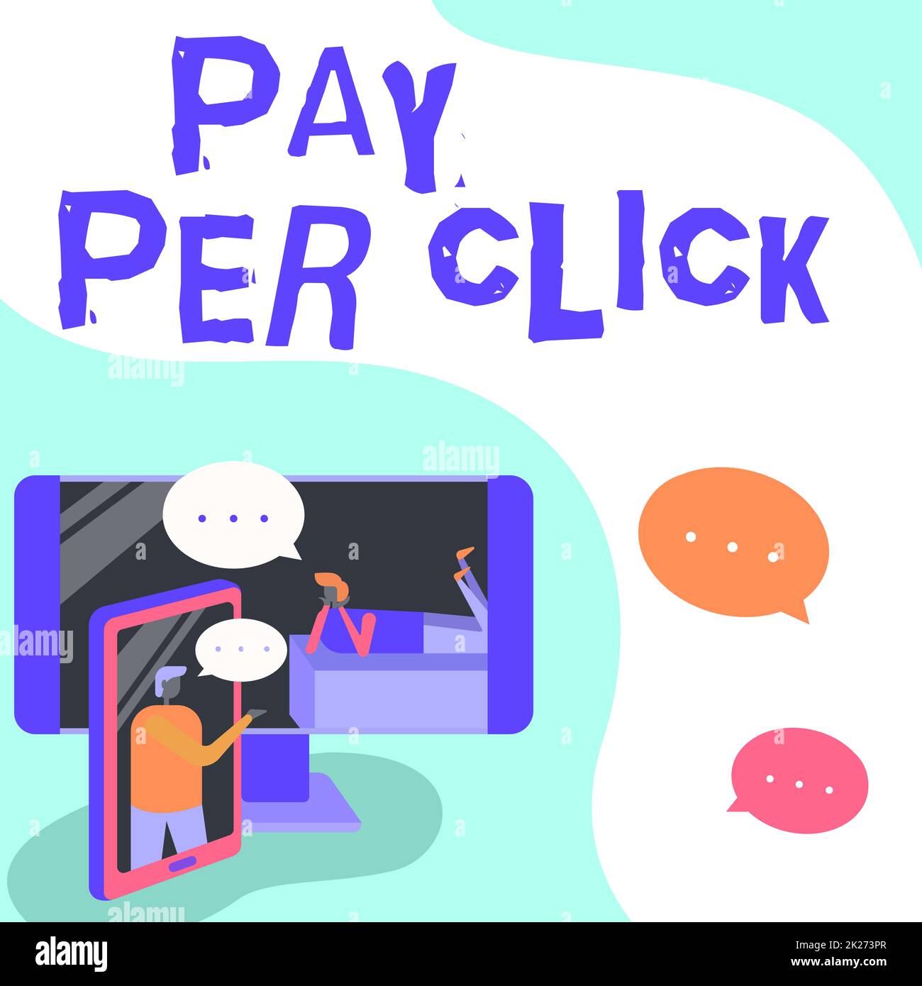 Affiche manuscrite paiement par clic. Internet concept marketing Internet dans lequel le paiement est basé sur des clics deux collègues partageant des pensées avec des bulles de parole surgissant hors des téléphones Banque D'Images