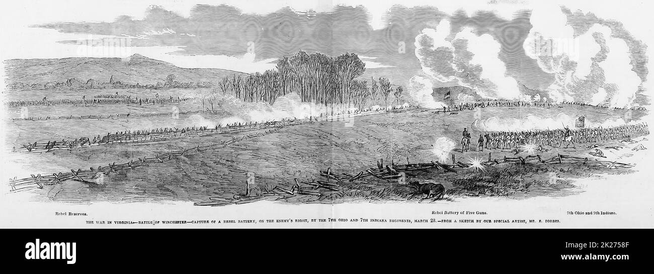 La guerre en Virginie - bataille de Winchester - Capture d'une batterie de Rebel, à droite de l'ennemi, par les régiments de l'Ohio en 7th et de l'Indiana en 7th, 23 mars 1862. Première bataille de Kernstown. Illustration de la guerre de Sécession américaine du 19th siècle tirée du journal illustré de Frank Leslie Banque D'Images