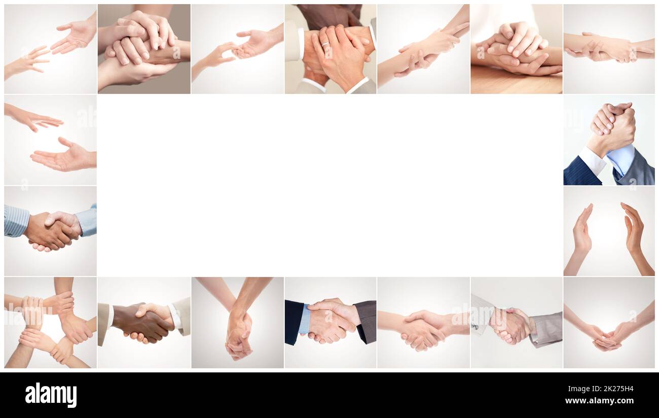 La puissance du toucher humain.Mosaïque de gestes de main différents entre deux personnes. Banque D'Images