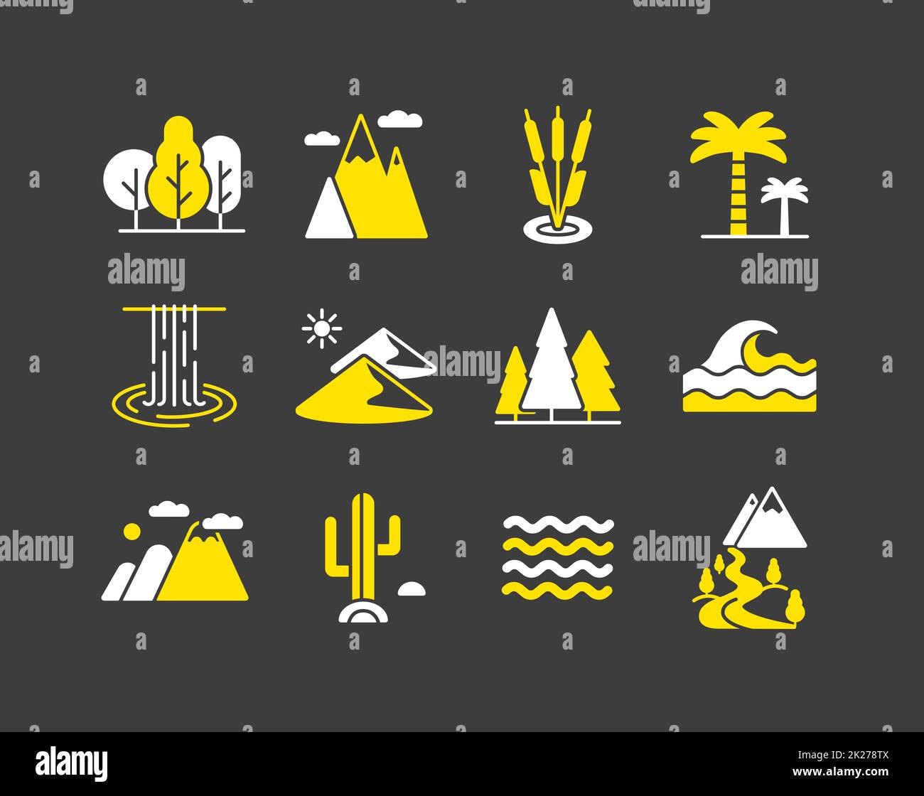 Jeu d'icônes de glyphe vecteur de nature. Panneau de paysage Banque D'Images