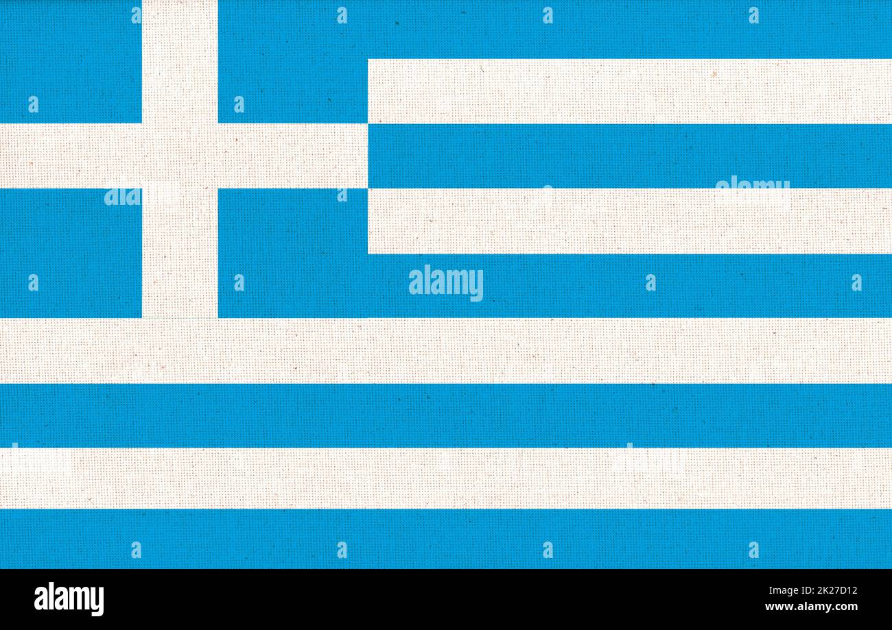 Drapeau de la grèce. symbole d'état grec. drapeau sur la surface du tissu. Texture du tissu Banque D'Images