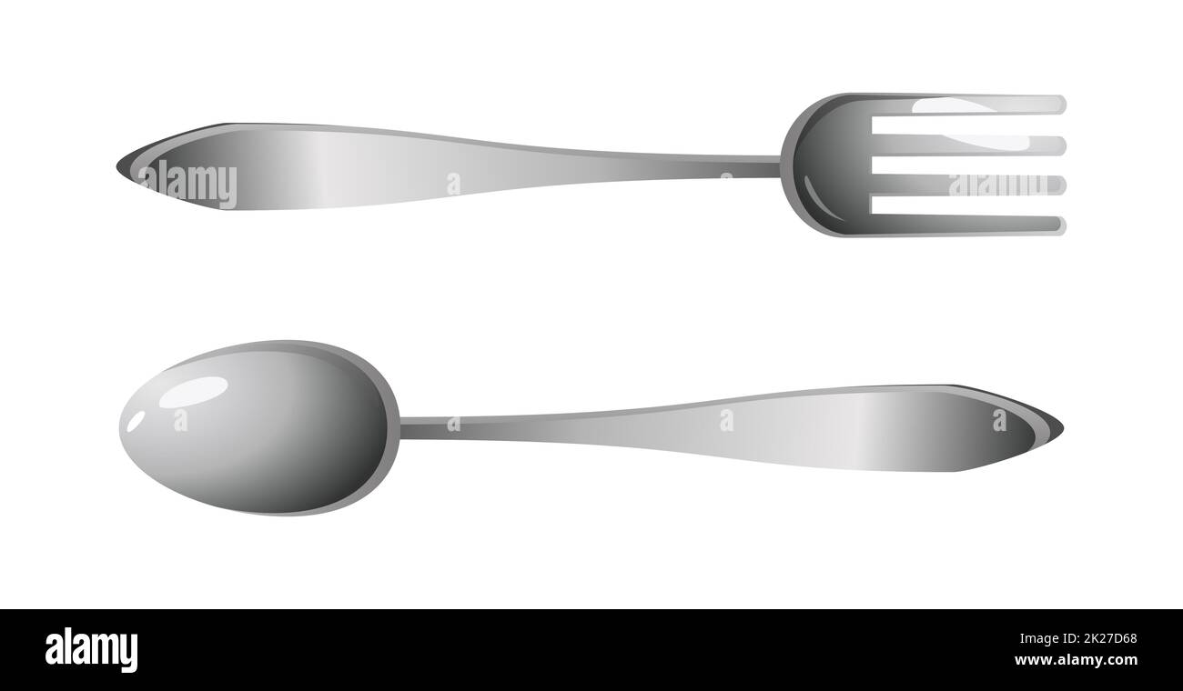 Fourchette et cuillère de table réalistes sur fond blanc - Vector Banque D'Images