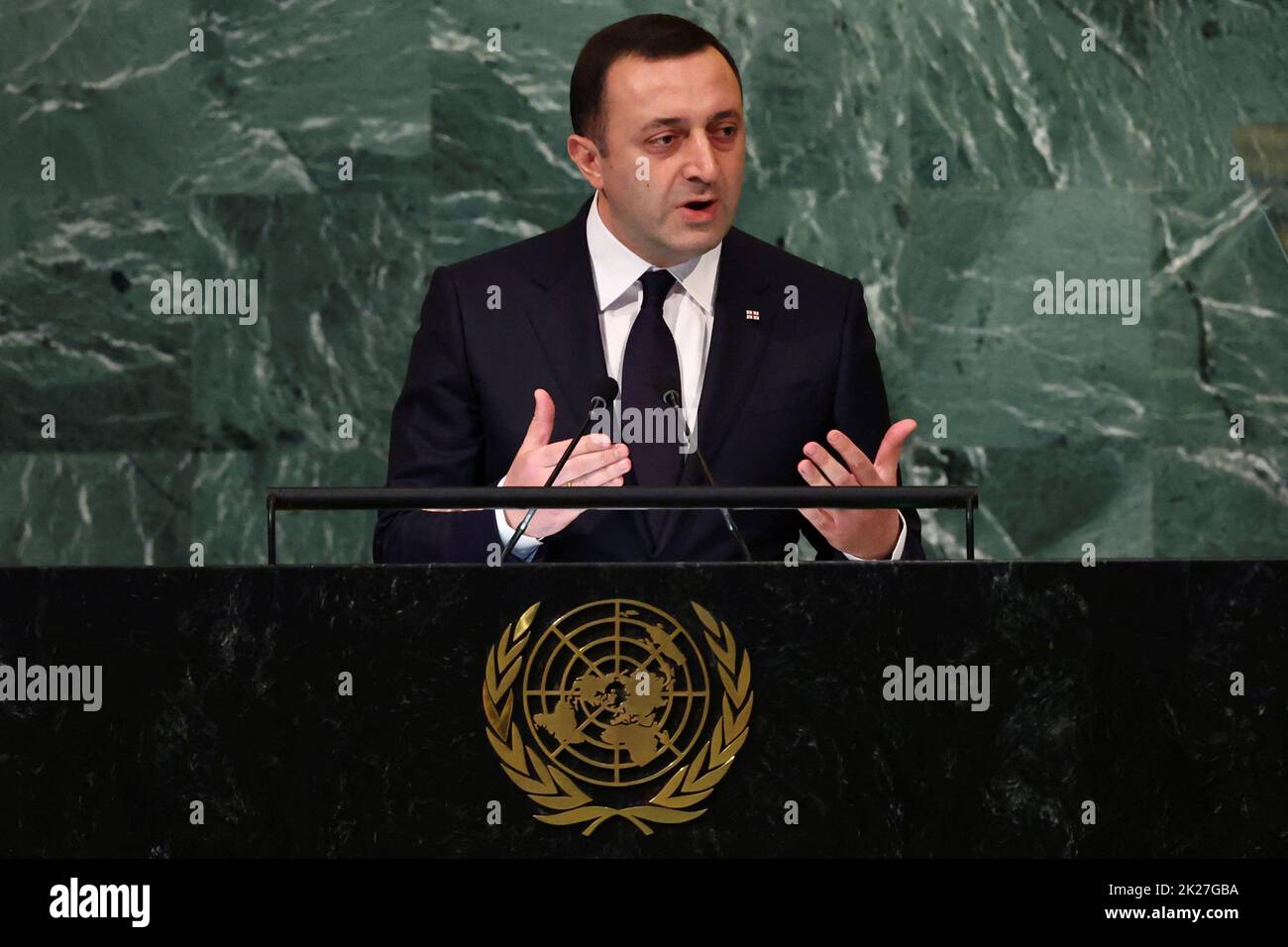 Le Premier ministre géorgien Irakli Garibashvili s'adresse à la session de 77th de l'Assemblée générale des Nations Unies au siège de l'ONU à New York, aux États-Unis, au 22 septembre 2022. REUTERS/Mike Segar Banque D'Images