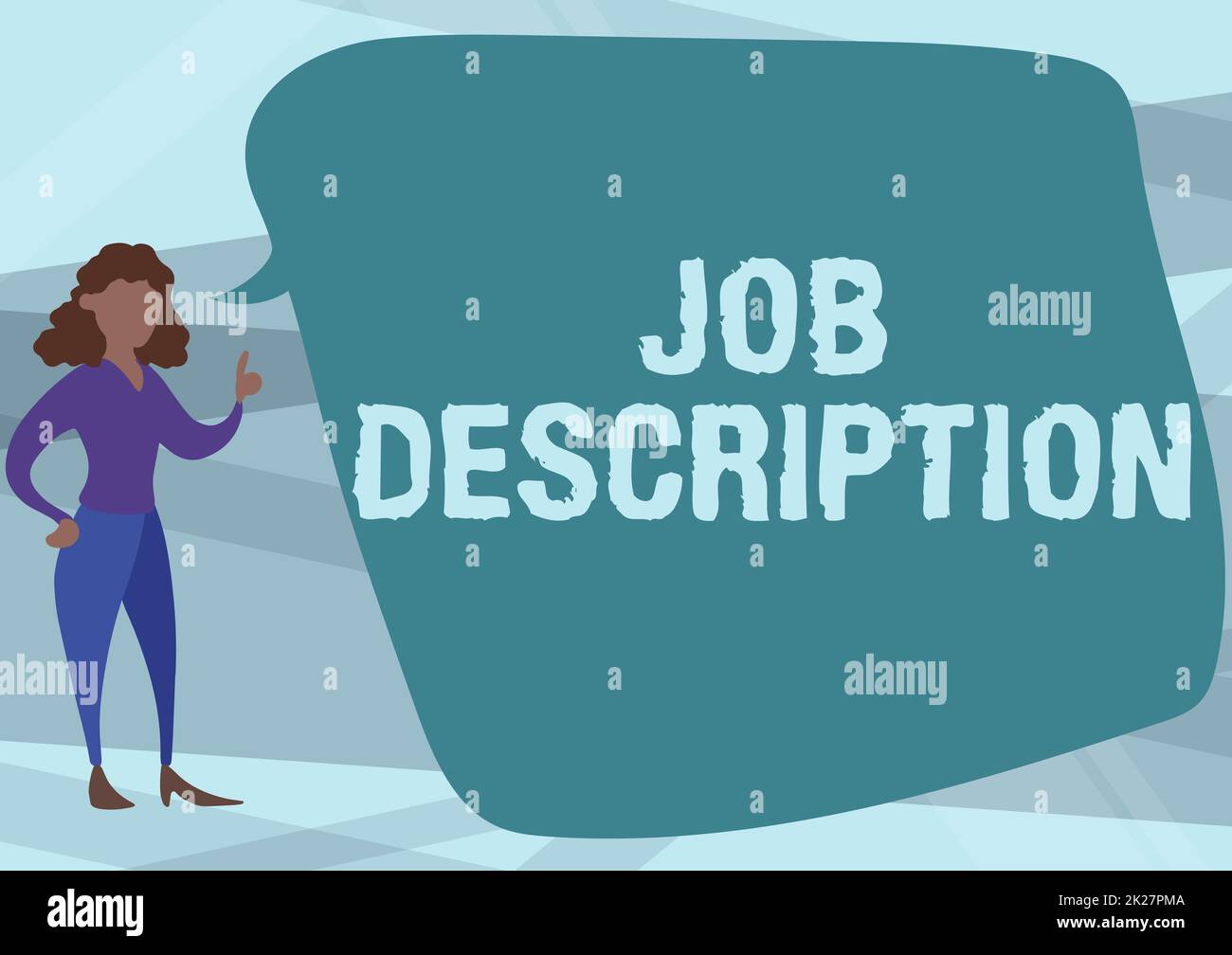 Écriture du texte affichant la description du travail. Approche commerciale descriptif écrit montrant les exigences du projet Illustration d'une femme parlant dans Chat Cloud discutant des idées. Banque D'Images