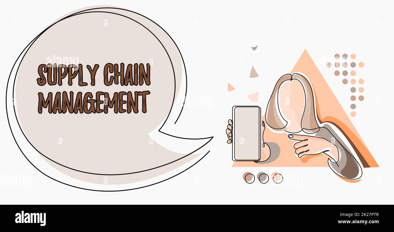 Inspiration montrant l'enseigne gestion de la chaîne d'approvisionnement. Aspects du concept d'affaires de la logistique intelligente moderne de l'entreprise dessin de ligne pour Lady Holding téléphone présenter de nouvelles idées avec la bulle d'expression. Banque D'Images