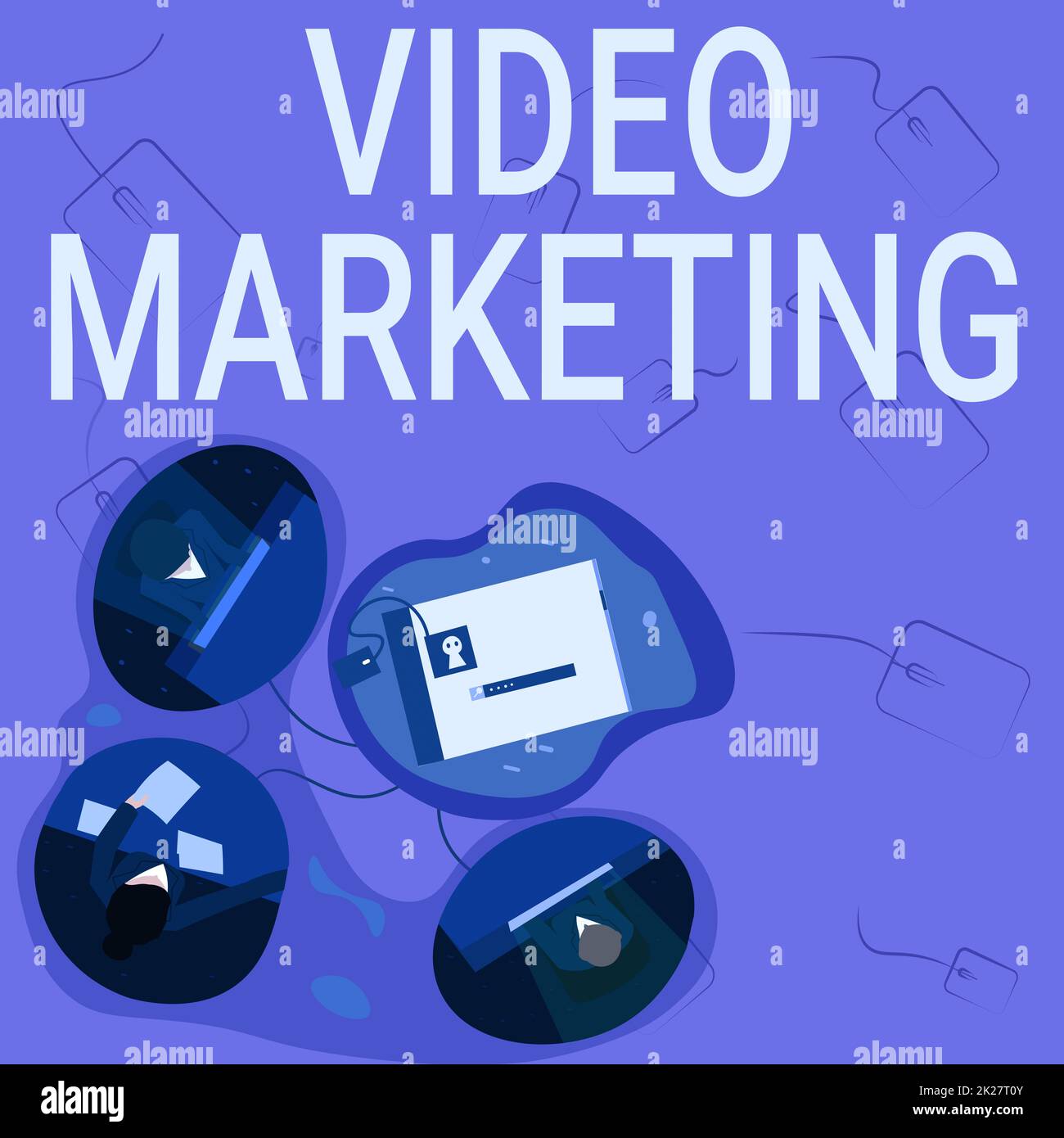 Légende du texte présentant le marketing vidéo. La présentation de l'entreprise intègre la vidéo engageante dans les campagnes marketing. Les employés ont des idées de partage de réunions de bureau montrant le nouveau plan de projet. Banque D'Images