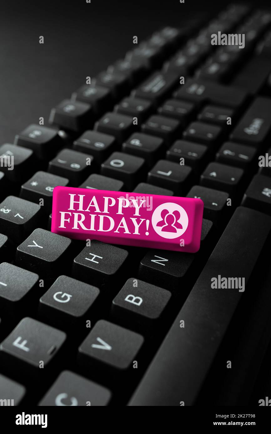 Légende du texte présentant vendredi heureux. Business concept célébration d'un week-end agréable et après le travail de fête ou de dîner Résumé donnant l'histoire écrit conseils, offrant des services de tenue de livres en ligne Banque D'Images