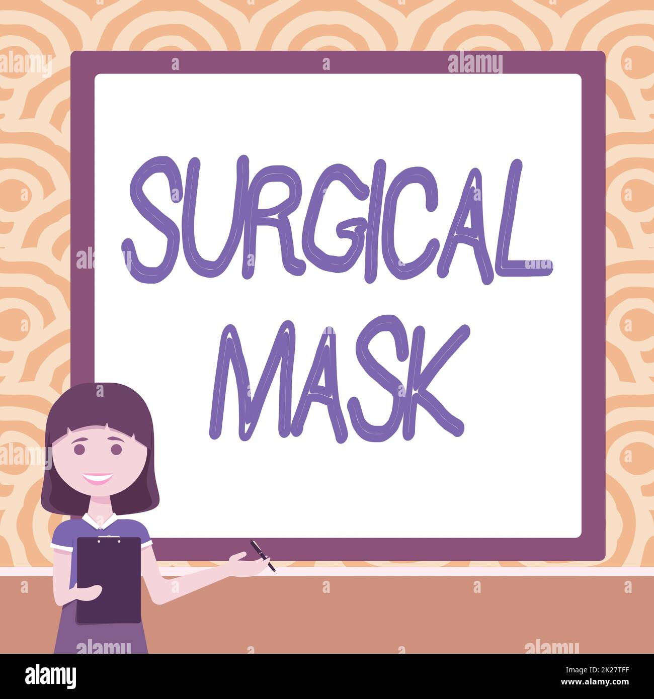 Légende présentant le masque chirurgical. Concept d'affaires porté par les professionnels de la santé pendant la chirurgie et pendant les soins infirmiers Lady dessin debout tenir le presse-papiers présenter de nouvelles idées à l'équipe Banque D'Images