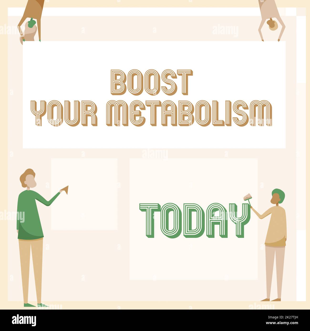 Affichage conceptuel Améliorez votre métabolisme. Le processus d'organisme de concept commercial utilise pour produire et brûler l'énergie de l'alimentation quatre collègues dessin debout tenant des feuilles vierges de tailles différentes. Banque D'Images