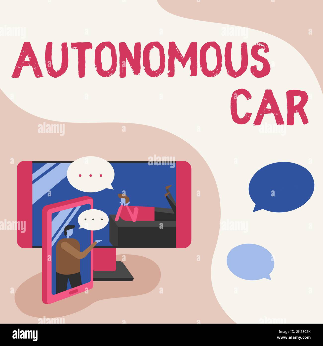 Panneau écrit à la main Autonomous car. Mot pour véhicule qui peut se guider sans la conduction humaine deux collègues partageant des pensées avec des bulles de parole surgissant des téléphones Banque D'Images