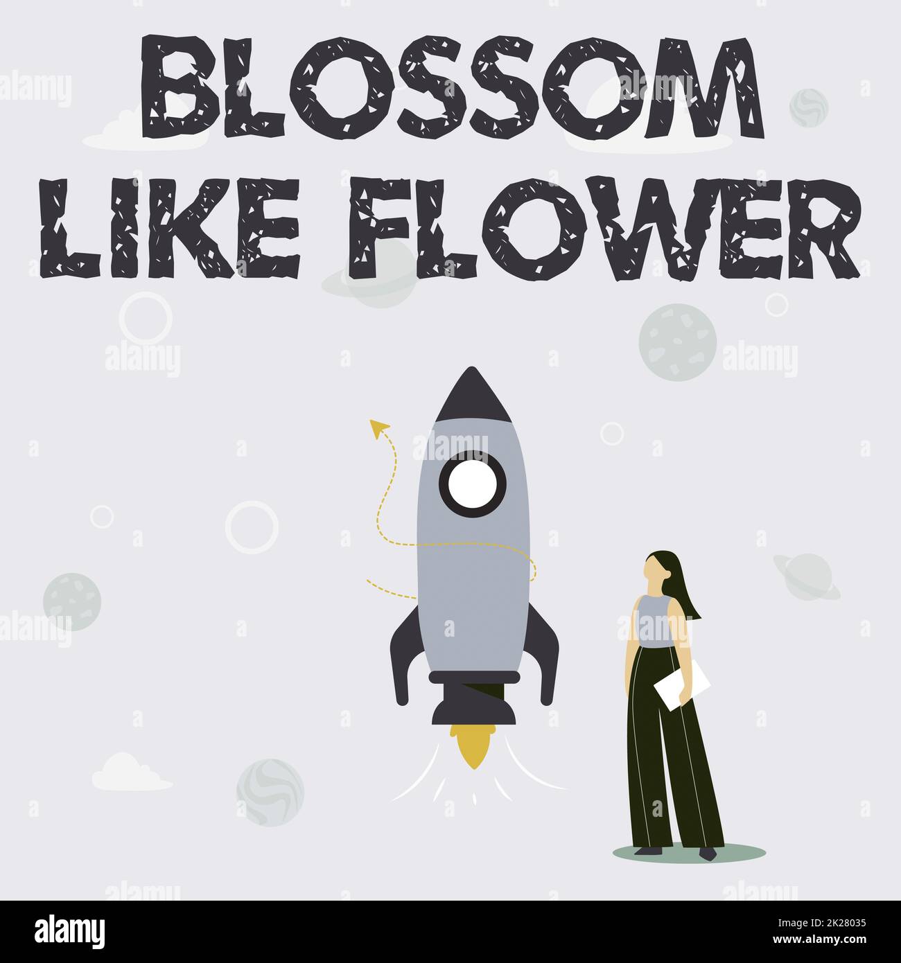 Légende de texte présentant Blossom comme Flower. Idée d'affaires plante ou arbre qui formera les graines ou les fruits Illustration de fille décontractée debout à côté de Rocket Ship prêt à lancer Banque D'Images