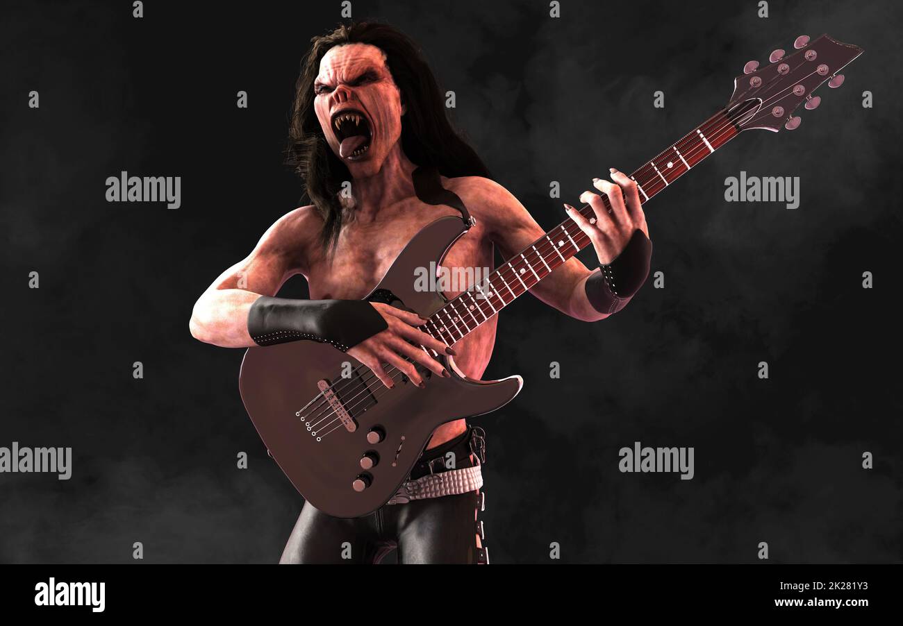 3D Illustration Devil pose et joue une guitare électrique entourée sur fond sombre avec un chemin de coupure. Death Rock musicien. Banque D'Images