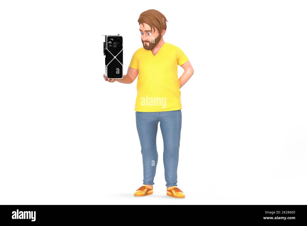 Homme habillé décontracté tenant une carte graphique vidéo. Isolé sur fond blanc. 3D rendu Banque D'Images