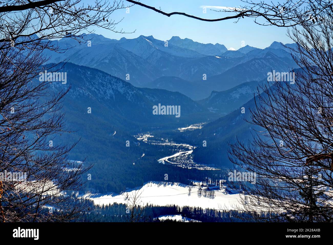 Bavière, vallée d'isar près de Lenggries, montagnes de Karwendel, Paysage, hiver Banque D'Images