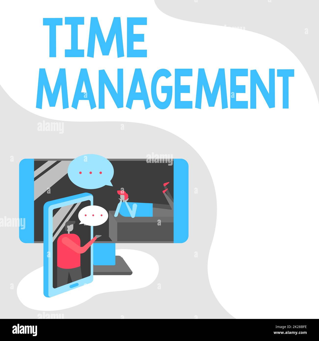 Écriture affichant le texte gestion du temps. Calendrier prévu pour les réunions d'efficacité professionnelle deux collègues partagent leurs réflexions avec des bulles d'expression qui sortent des téléphones Banque D'Images