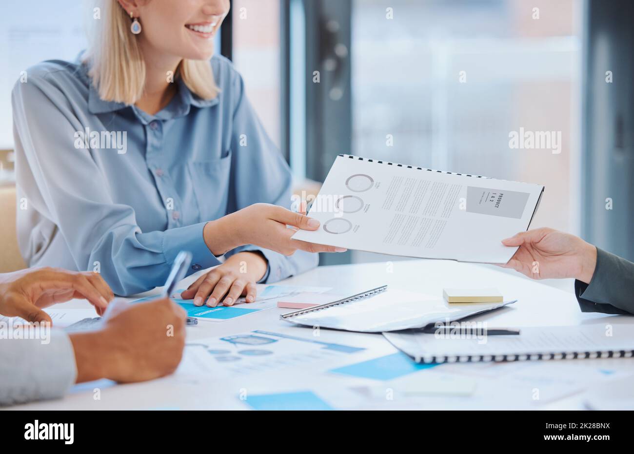 Portefeuille, rapport et réunion sur les documents financiers pour permettre aux investisseurs d'affaires de passer en revue les données d'analyse du rendement des revenus. Cadres avec pa Banque D'Images