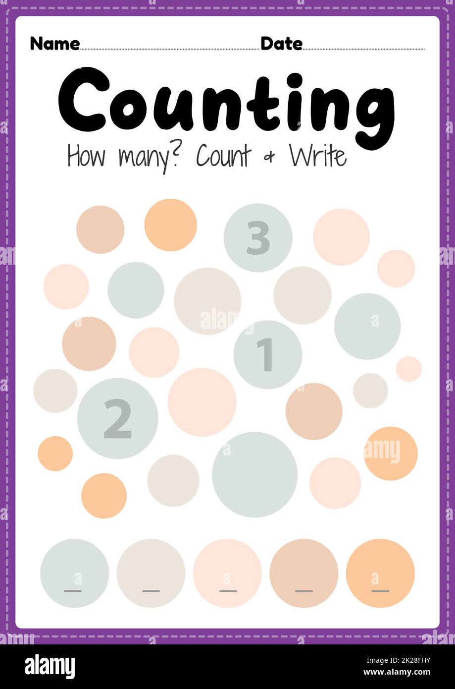 Feuille de calcul, feuille de calcul imprimable pour les enfants d'âge préscolaire et de maternelle pour apprendre les mathématiques de base, compter et écrire des compétences. Banque D'Images Feuille de calcul, feuille de calcul imprimable pour les enfants d'âge préscolaire et de maternelle pour apprendre les mathématiques de base, compter et écrire des compétences. Banque D'Images