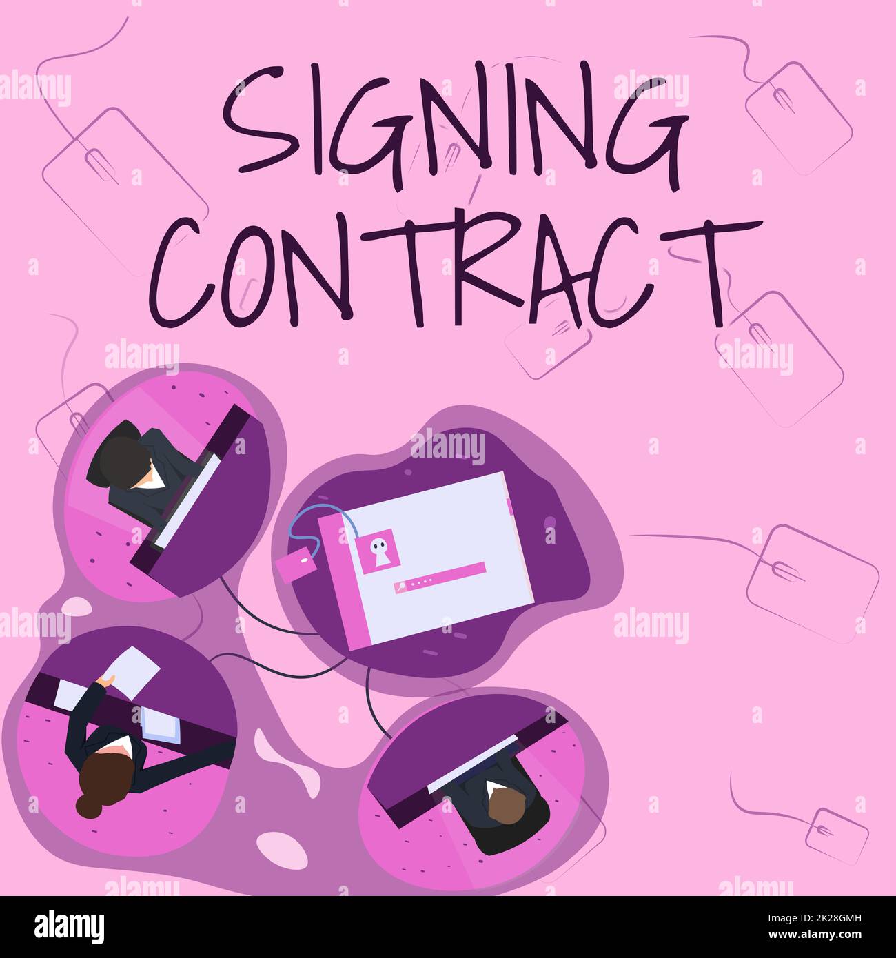 Contrat de signature de légende conceptuelle. Concept commercial les parties signataires du document acceptent les termes collègues ayant des réunions de bureau partager des réflexions montrant un nouveau plan de projet. Banque D'Images