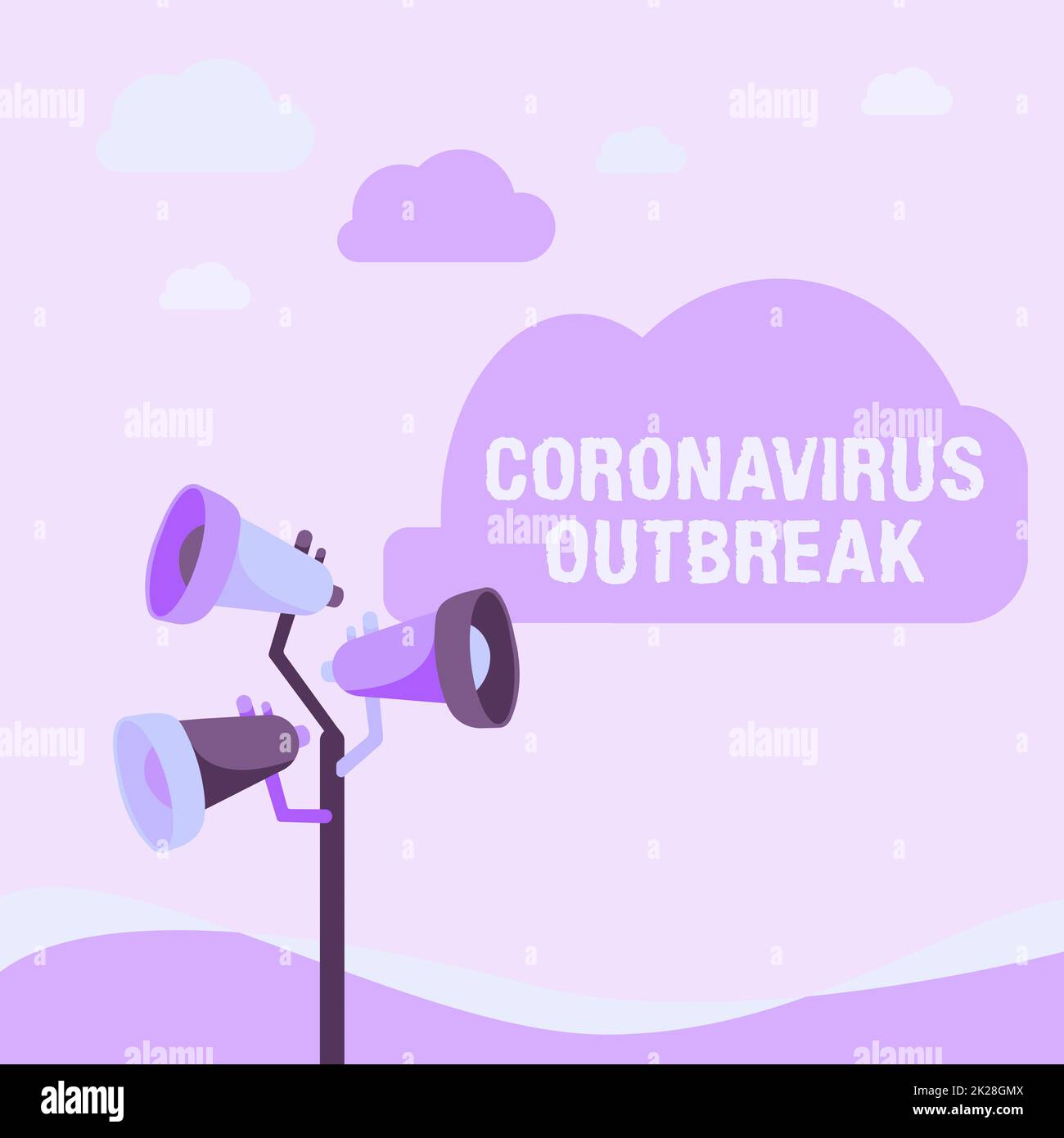 Affiche indiquant une épidémie de coronavirus. Mot pour les maladies infectieuses causées par les mégaphones COVID19 pôles nouvellement découverts dessin faire une annonce à un espace ouvert. Banque D'Images