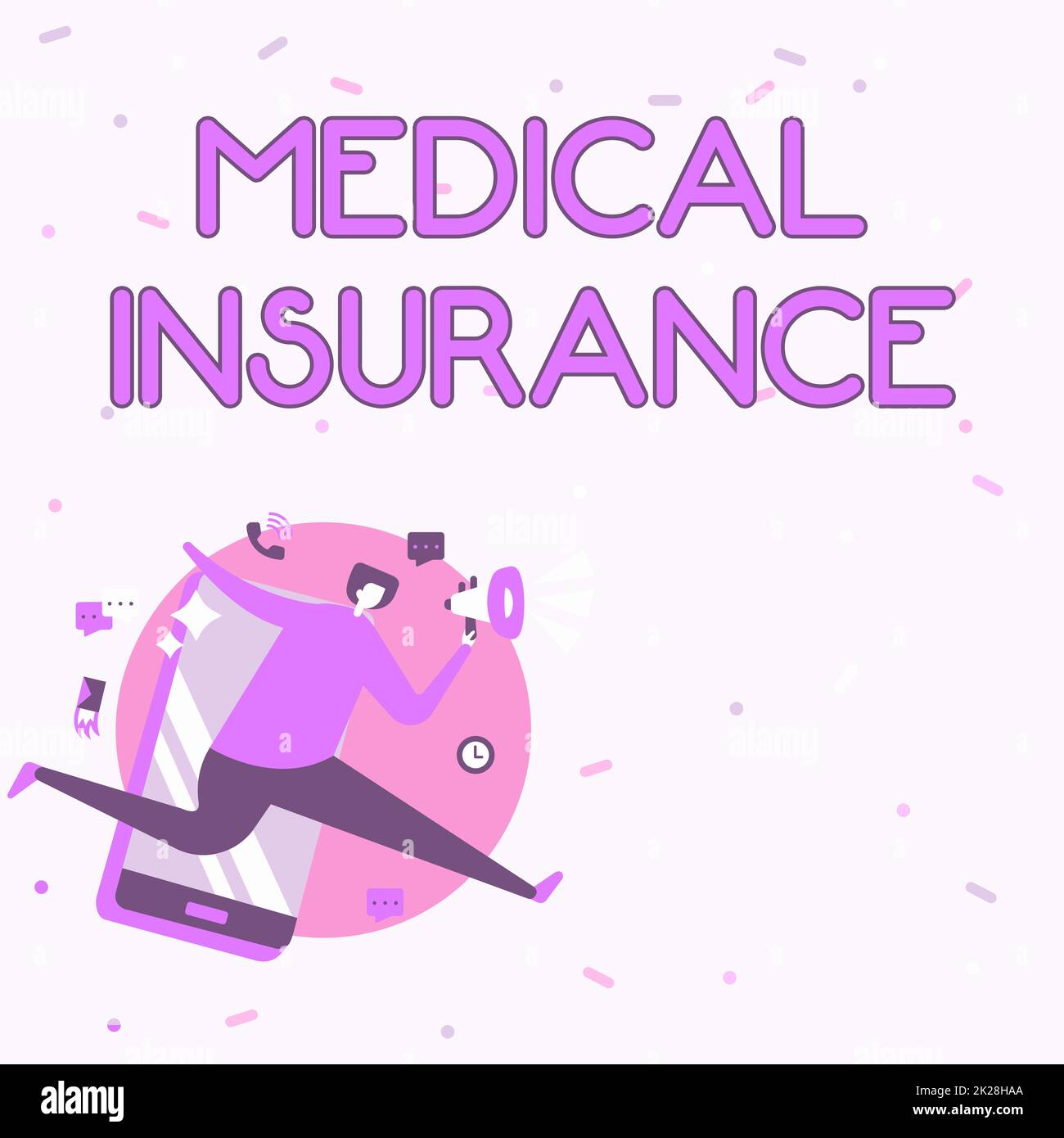 Écriture affichant le texte assurance médicale. L'approche commerciale rembourse à l'assuré les frais engagés par la maladie Homme dessin Holding Megaphone fonctionnant avec téléphone faire des commentaires. Banque D'Images