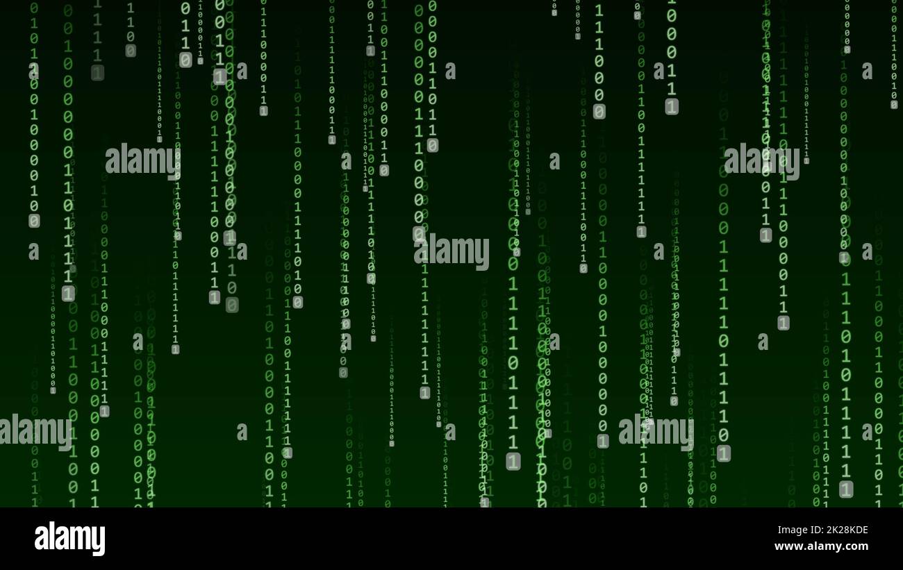 Arrière-plan graphique abstrait - pluie verte de chiffres binaires sur fond noir Banque D'Images