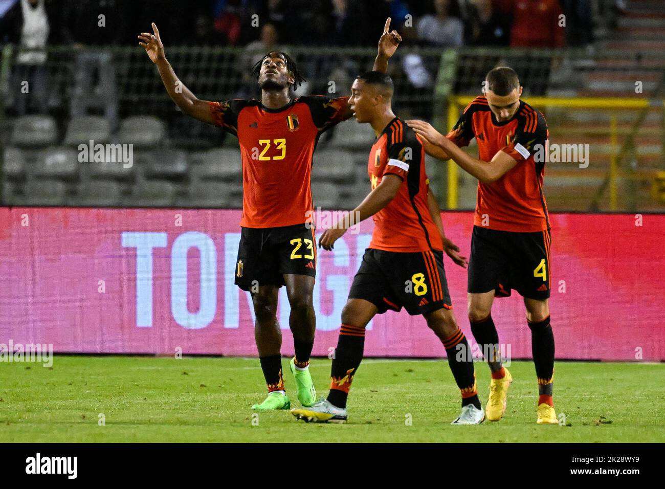 Michy Batshuayi, membre de l'équipe belge, célèbre après avoir obtenu son score lors d'un match de football entre l'équipe nationale belge des Red Devils et du pays de Galles, jeudi 22 septembre 2022 à Bruxelles, partie 5 (sur six) sur la scène de groupe de la Ligue des Nations A. BELGA PHOTO LAURIE DIEFFEMBACQ Banque D'Images