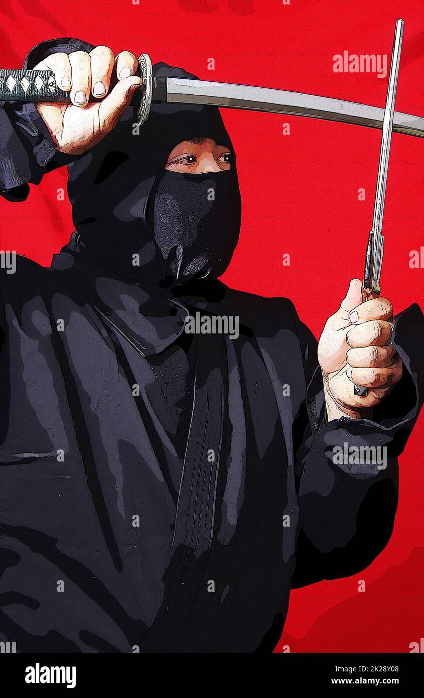 Ninja avec lance Star arme et arrière-plan rouge Banque D'Images