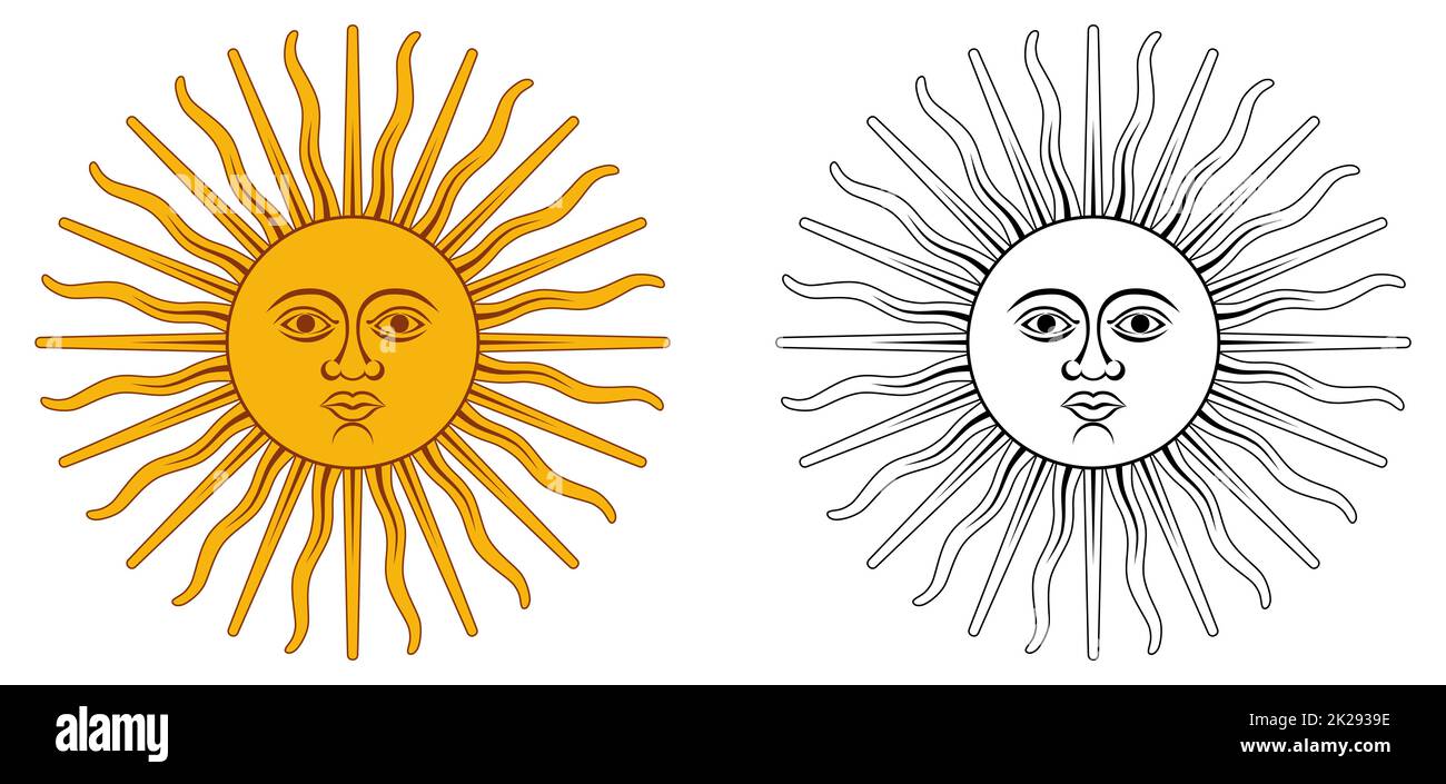 Soleil de mai - emblème national de l'Argentine et de l'Uruguay. Cercle jaune avec visage humain, avec 32 rayons, 16 raies droites / ondulées, représentant dieu Inti. Version couleur / noir et blanc. Banque D'Images