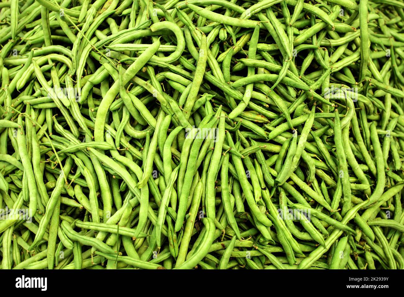 Tas de vert mouillé (string) haricots affiché sur le marché alimentaire. Banque D'Images