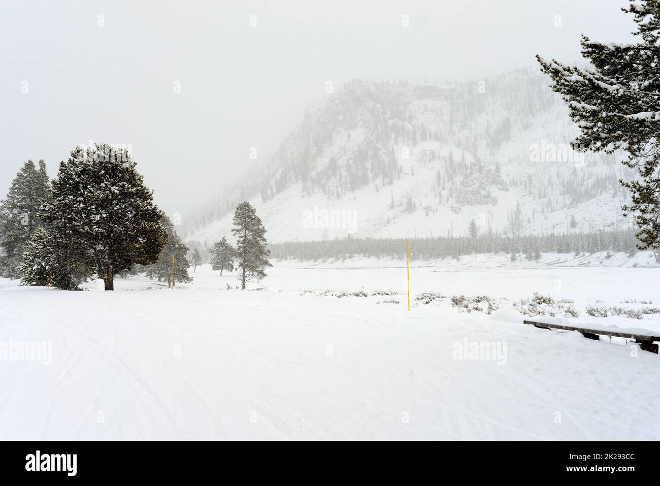 Marqueur routier Yellowstone Winter Snow Banque D'Images