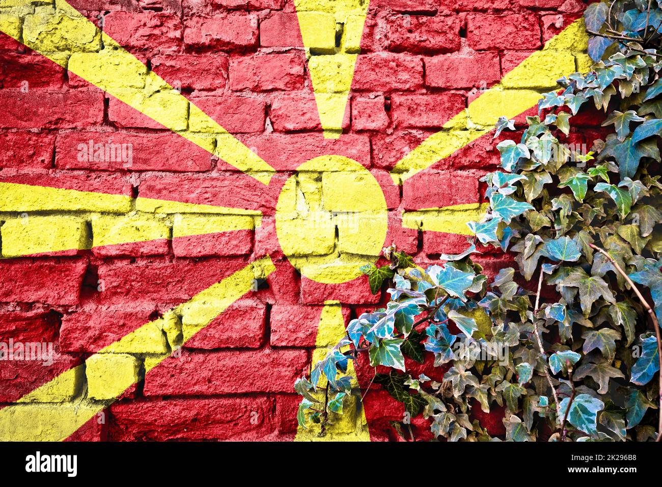 Le nord de la Macédoine grunge le drapeau sur le mur de brique avec l'usine de lierre Banque D'Images