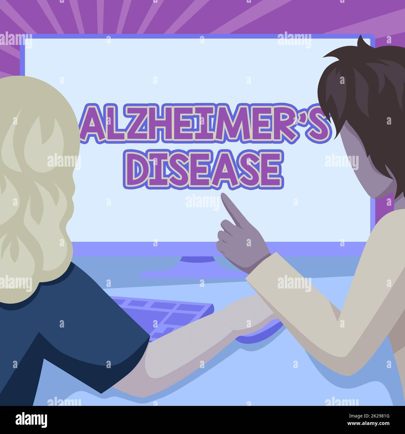 Écriture affichage de texte Alzheimer S is Disease. Vitrine d'affaires détérioration mentale avancée qui se produisent dans le vieux couple dessin en utilisant l'ordinateur de bureau accomplir leur travail. Banque D'Images