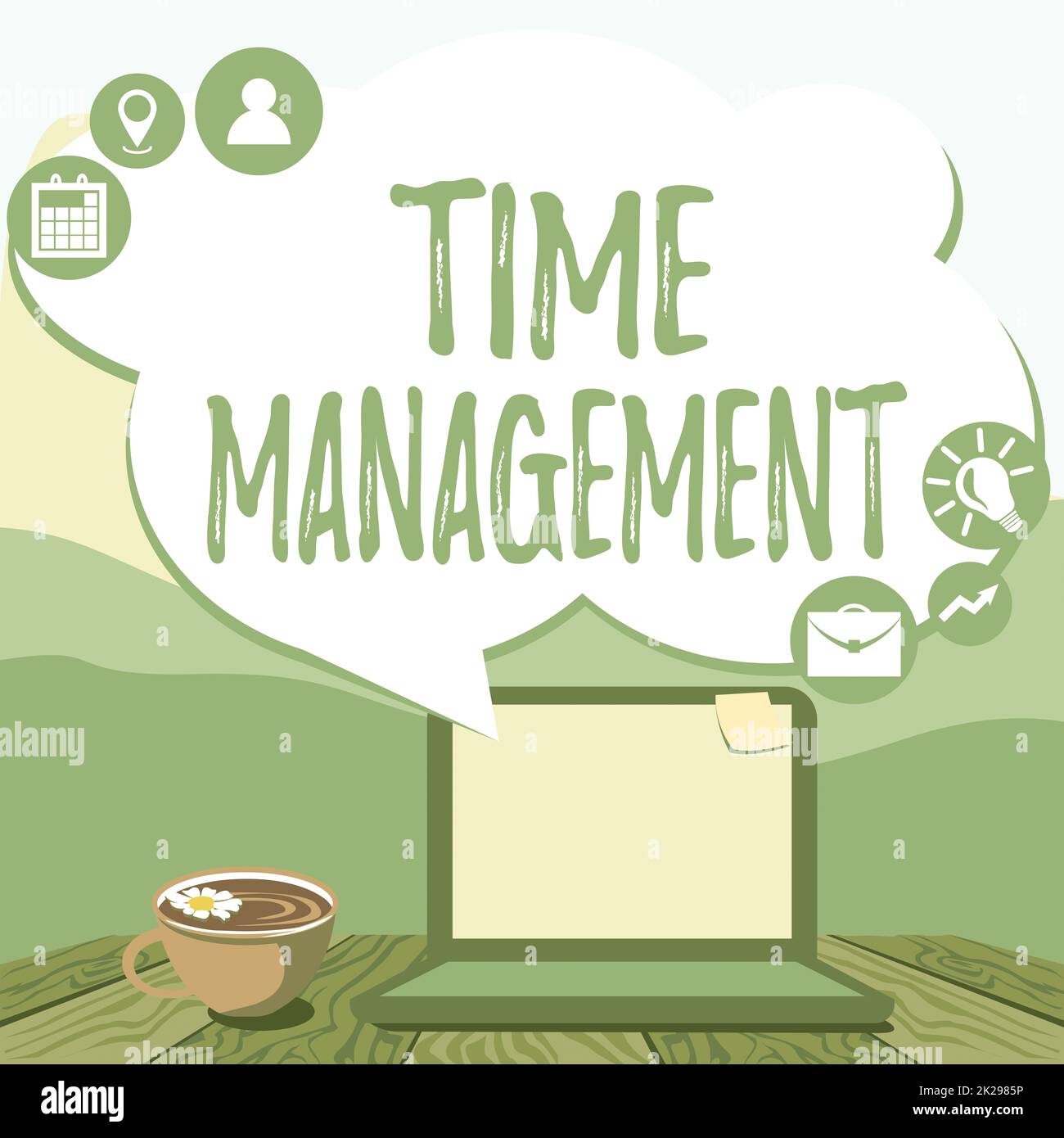 Affichage conceptuel gestion du temps. Calendrier des idées d'entreprise prévu pour l'efficacité des travaux dates limites des réunions saisie manuelle sur l'ordinateur portable à côté de Coffe Mug et usine travaillant à domicile. Banque D'Images