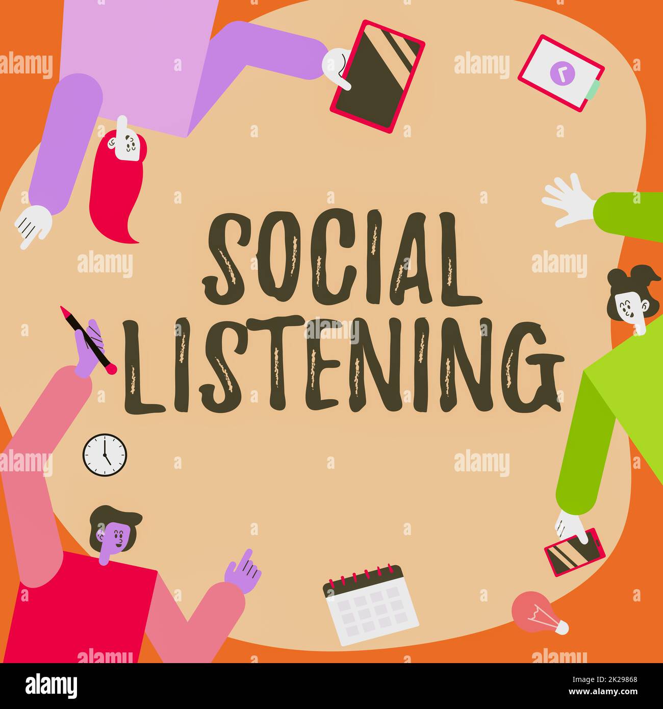 Légende de texte présentant l'écoute sociale. Concept d'entreprise analyse des conversations et des tendances de vos collègues produits portant S Decorating Mobile application Defining Teamwork. Banque D'Images