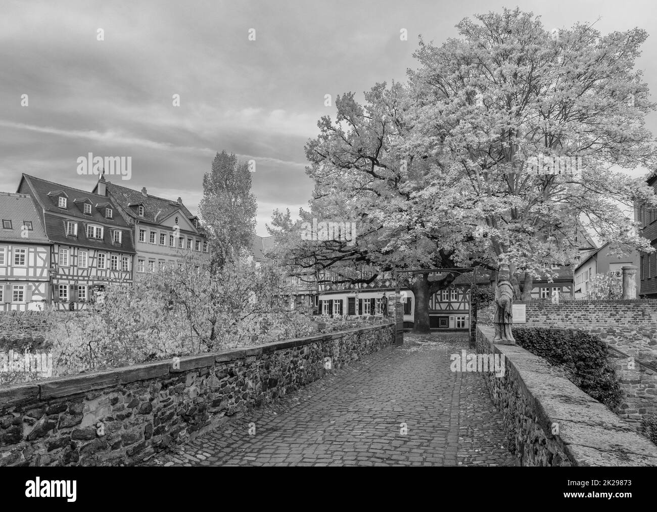Historique Schlossplatz avec pont, monochrome, Francfort HoÌˆchst, Allemagne Banque D'Images