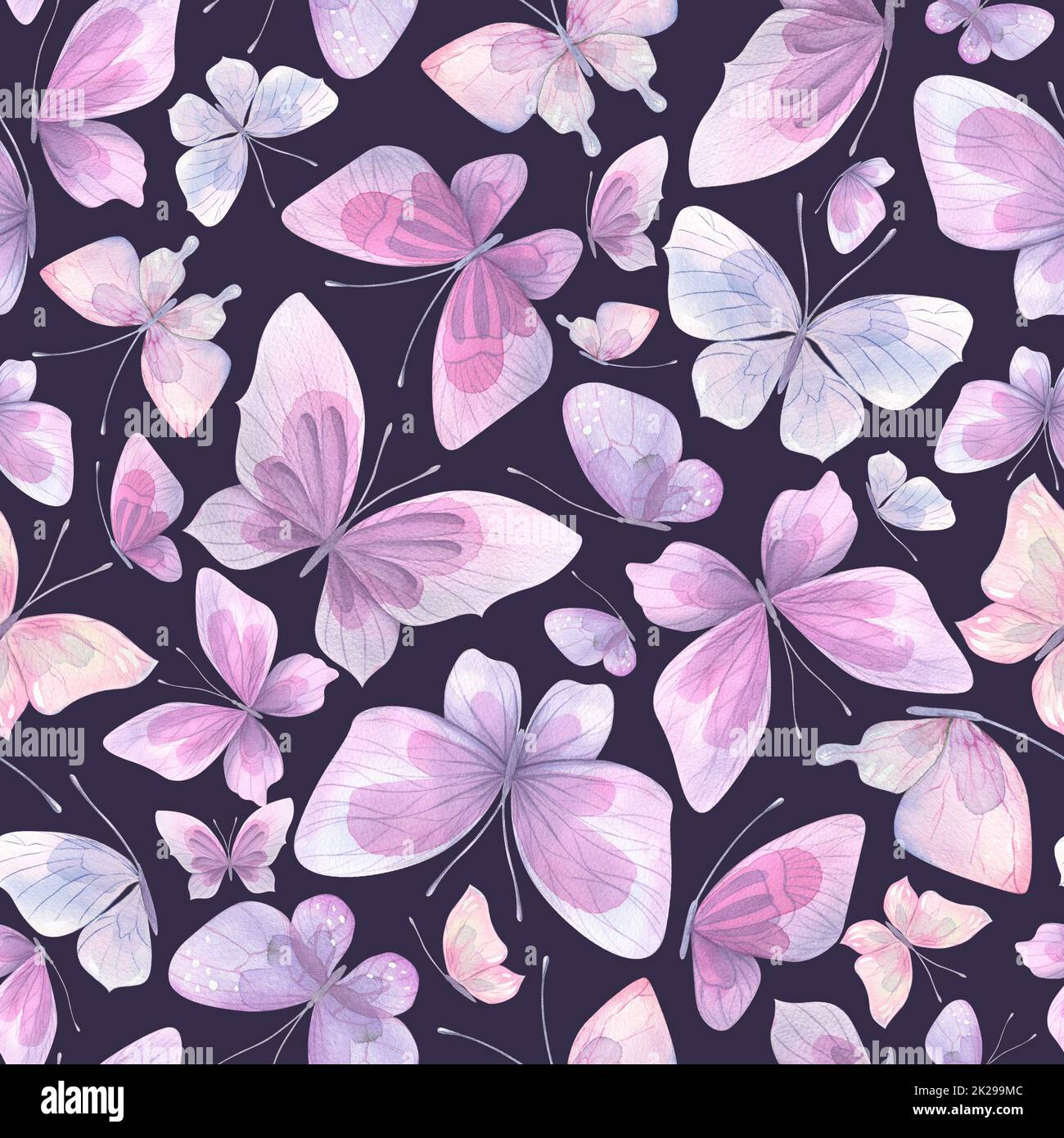 Delicate, lilac and purple butterflies on a dark background. Watercolor illustration. Seamless pattern. For fabric, textiles, wallpaper, covers Banque D'Images