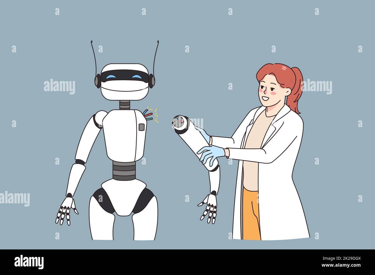 Une femme travaille avec un robot d'ai au bureau Banque D'Images