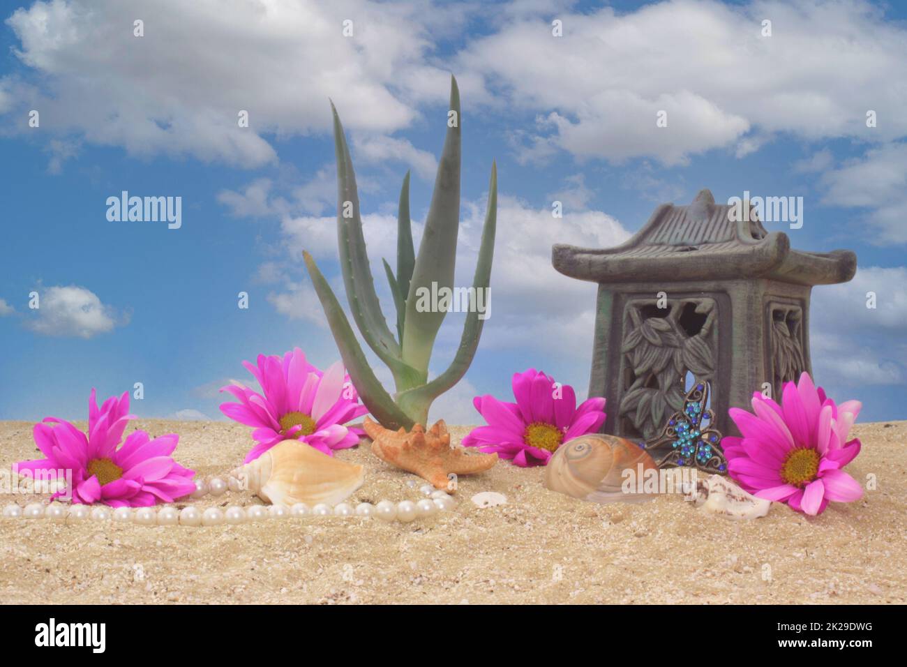 Encore la vie avec pagode, fleurs et coquillages sur la plage Banque D'Images