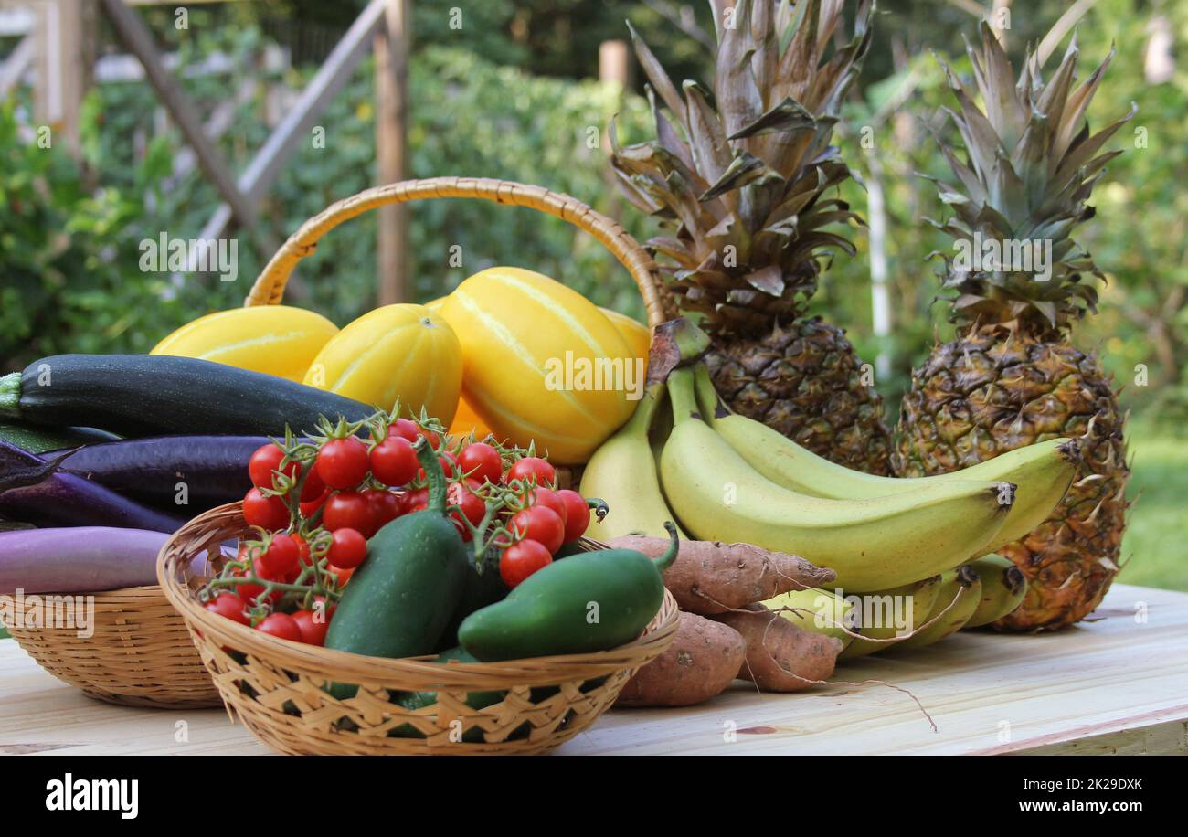 Récolte de fruits et légumes d'été - Melons coréens de ginkaku avec ananas, bananes, poivrons de jalapeno et tomates Banque D'Images