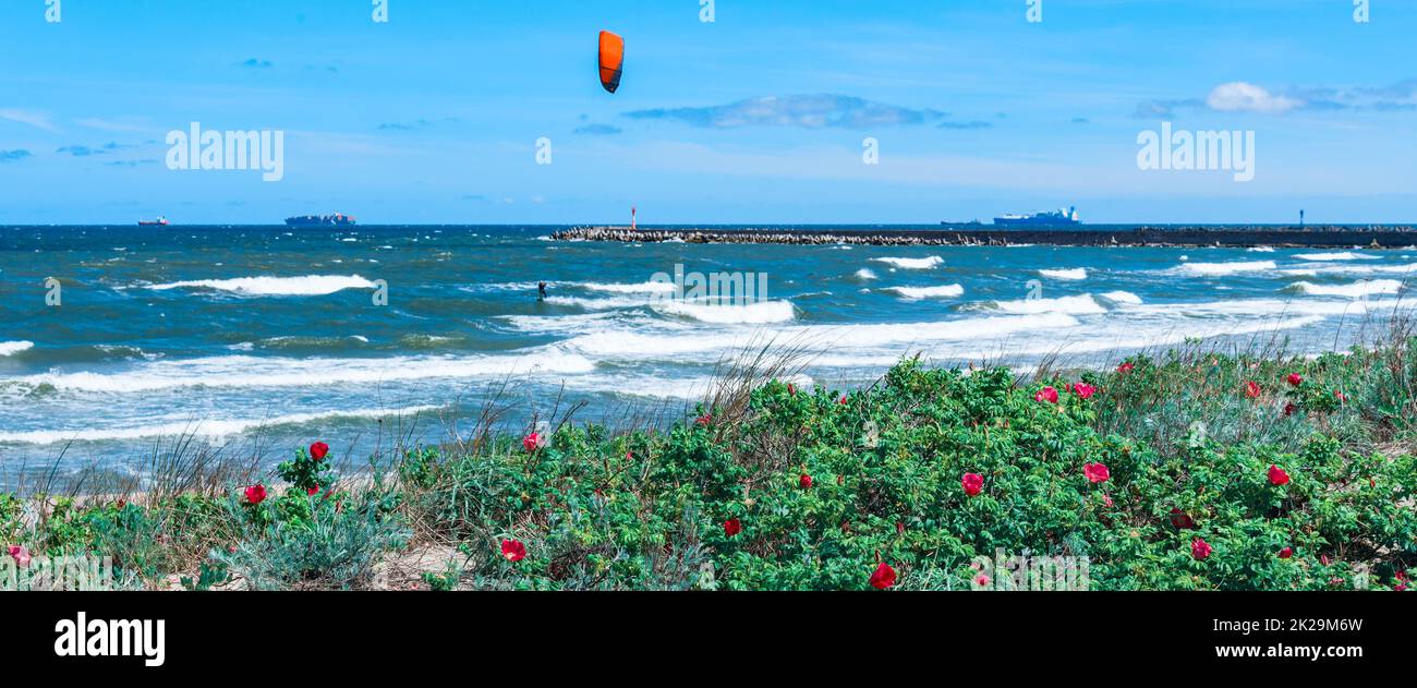 Le bord de mer, un kite surfeur sur les vagues, un navire au loin. Banque D'Images