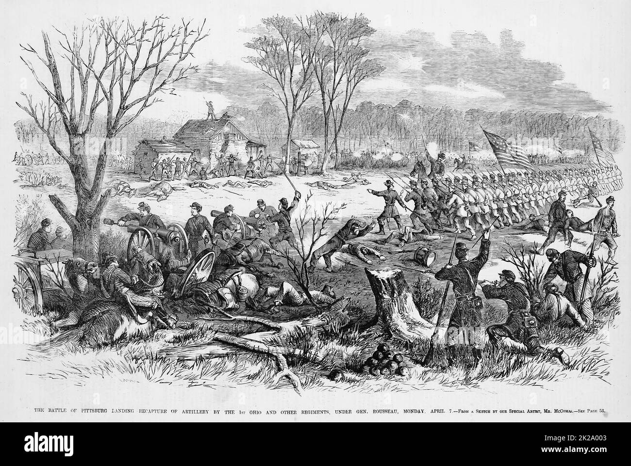 La bataille de Pittsburg Landing - reprise de l'artillerie par l'Ohio 1st et d'autres régiments, sous la direction du général Lovell Harrison Rousseau, 7 avril 1862. Bataille de Shiloh, Tennessee. Illustration de la guerre de Sécession américaine du 19th siècle tirée du journal illustré de Frank Leslie Banque D'Images